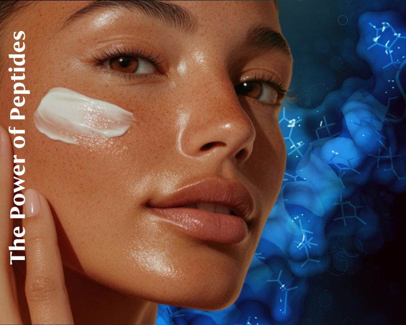 Power of Peptides, model with cream and clinical elements in background.