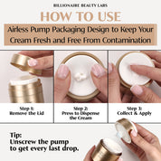 Instructions on how to use airless pump packaging for cream, with step-by-step visuals and text.