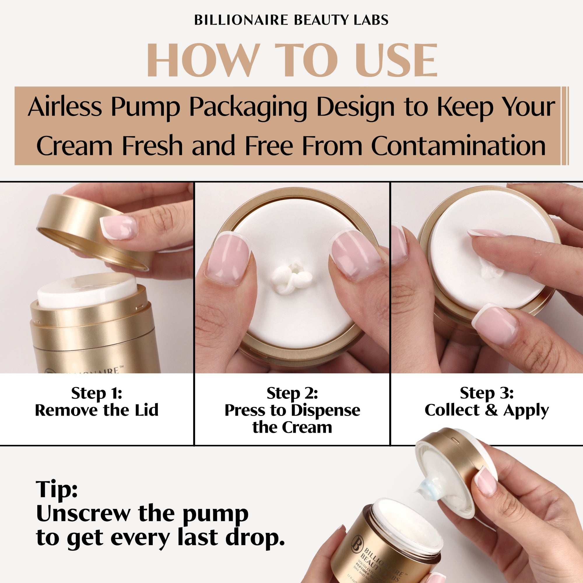 Instructions on how to use airless pump packaging for cream, with step-by-step visuals and text.