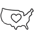 Outline of the United States with a heart in the center signifying 'MADE IN THE USA' on a white background