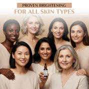 Group of women with a bottle of billionaire beauty labs vitamin c serum promoting clinically proven glow for all skin types.