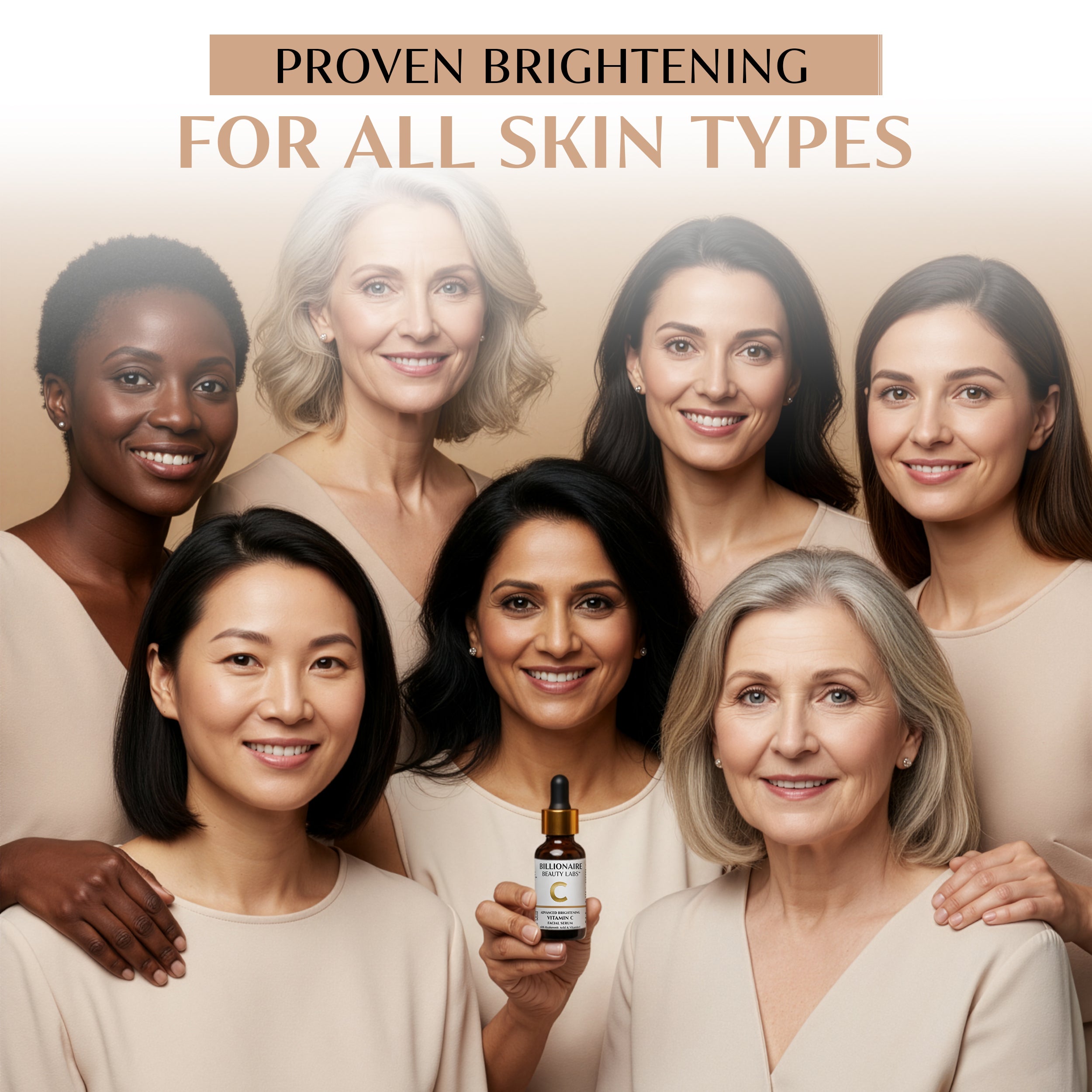 Group of women with a bottle of billionaire beauty labs vitamin c serum promoting clinically proven glow for all skin types.