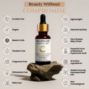 Bottle of Billionaire Beauty Labs skincare product with features listed on a beige background