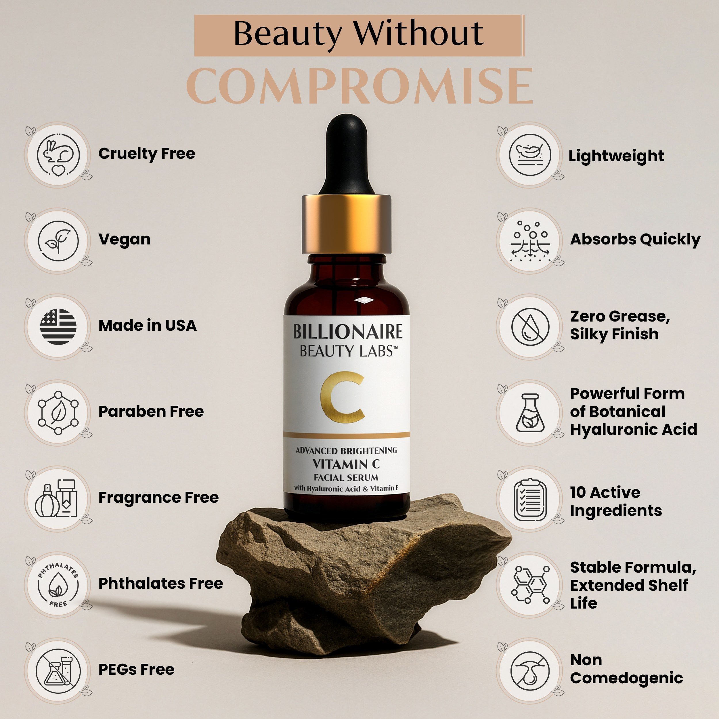 Bottle of Billionaire Beauty Labs skincare product with features listed on a beige background