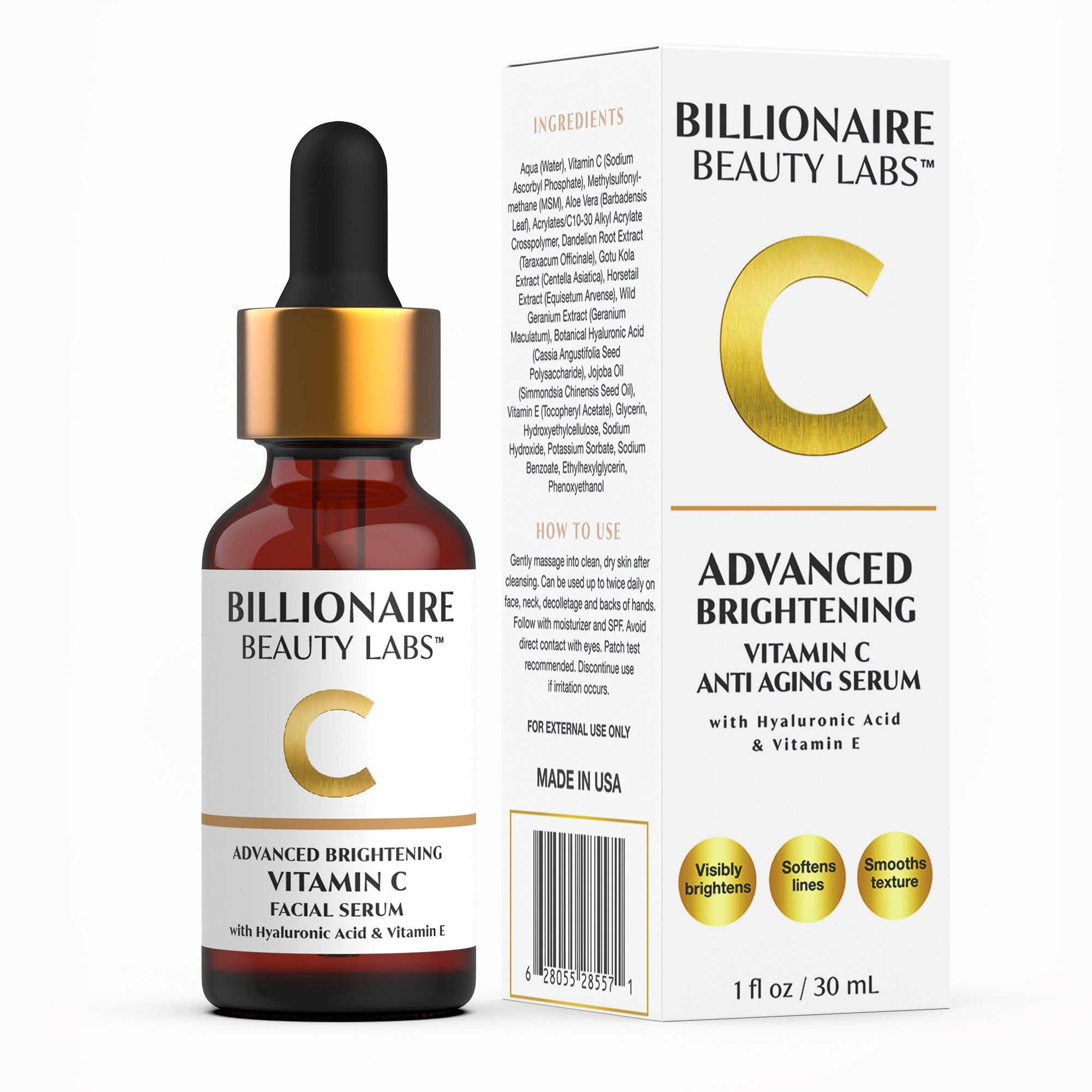 Billionaire Beauty Labs Vitamin C 30ml facial serum bottle and packaging on a white background