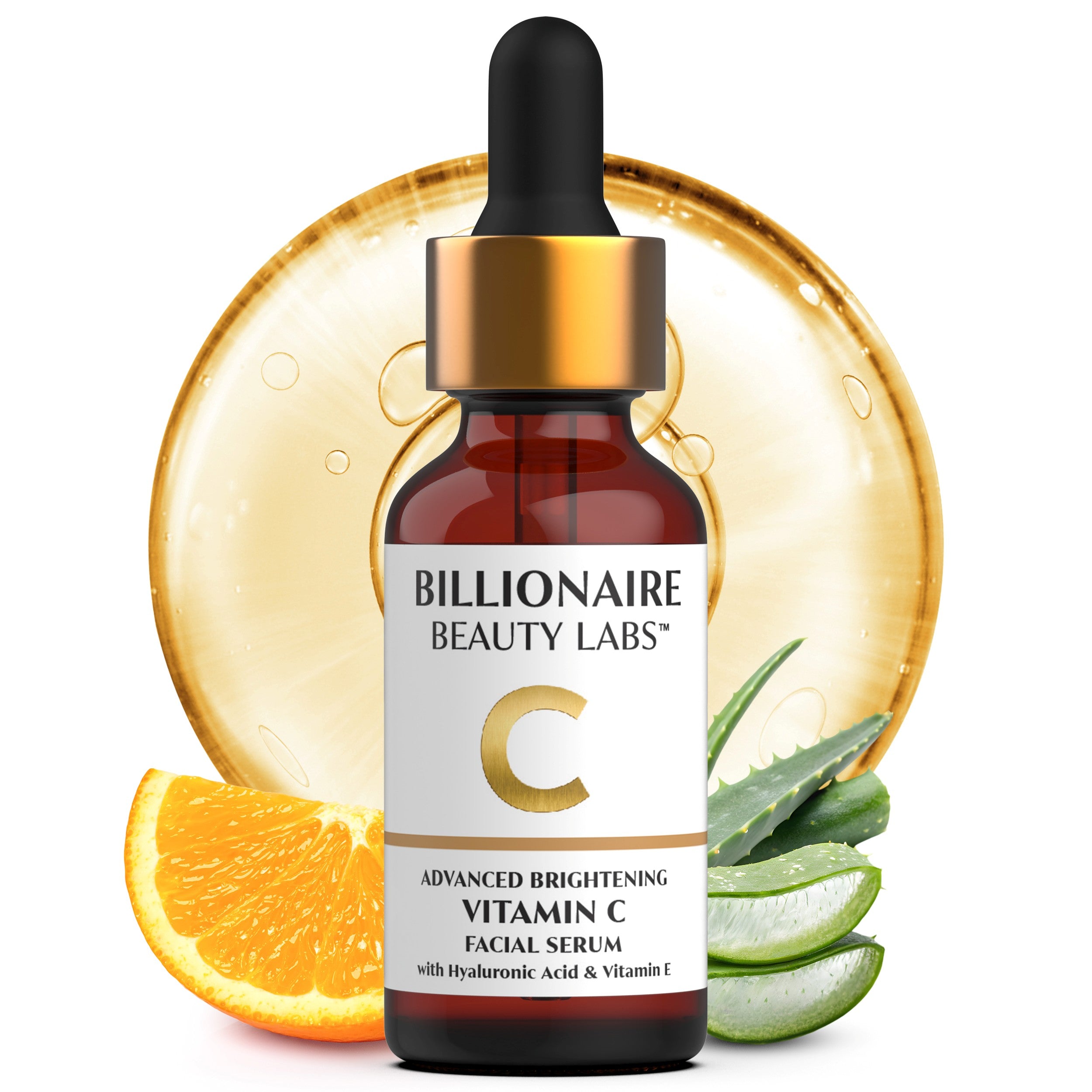 Bottle of Billionaire Beauty Labs Vitamin C facial serum with an orange, aloe vera, and a gold disc in the background.
