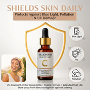 Bottle of Billionaire Beauty Labs Vitamin C serum with shield graphic and text about protection against blue light, pollution, and UV damage.